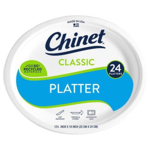Chinet Classic® platters are cut resistant, microwave safe, strong & sturdy and made with at least 80% recycled material.