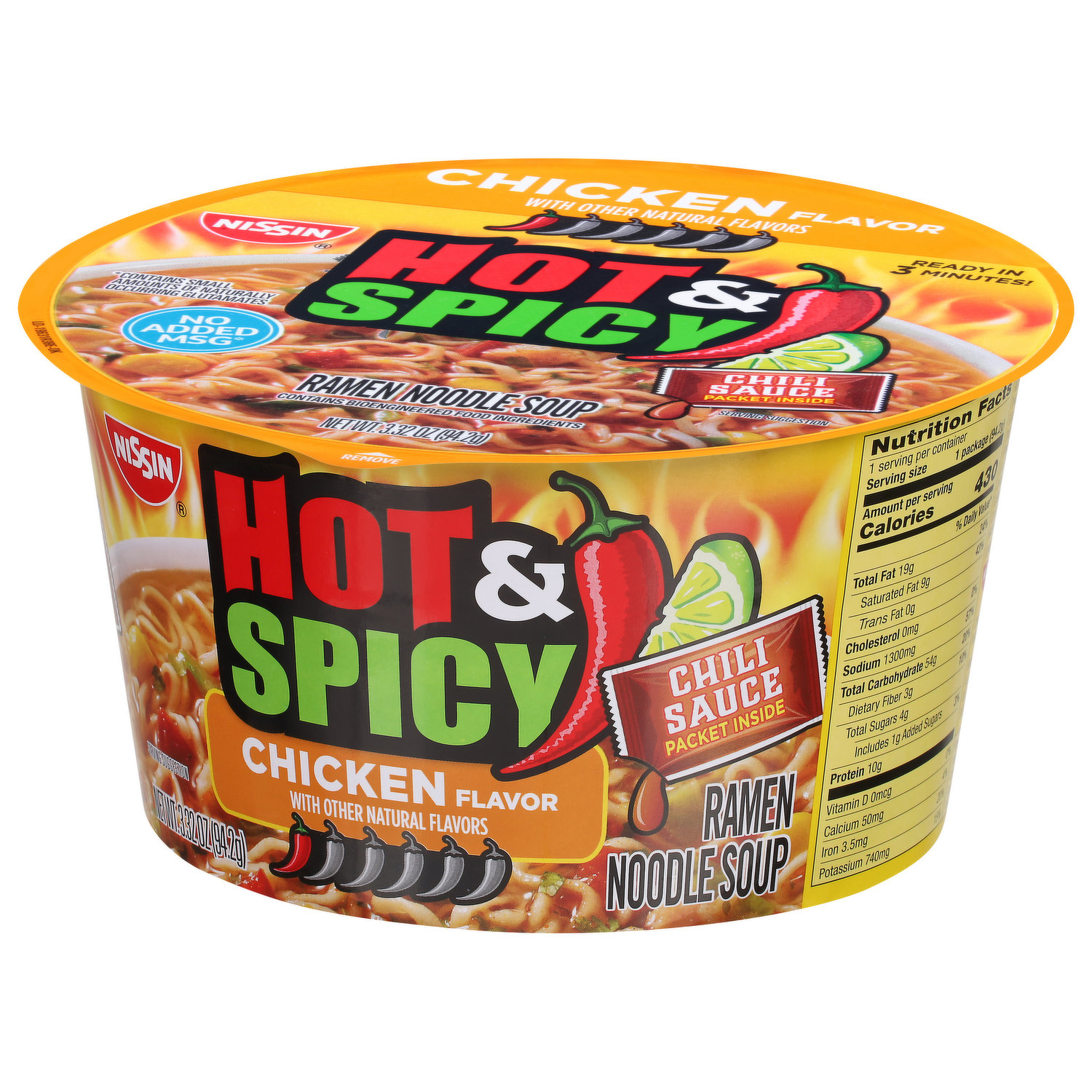 Nissin Chicken Flavor Hot & Spicy Ramen Noodle Soup, 3.32 oz