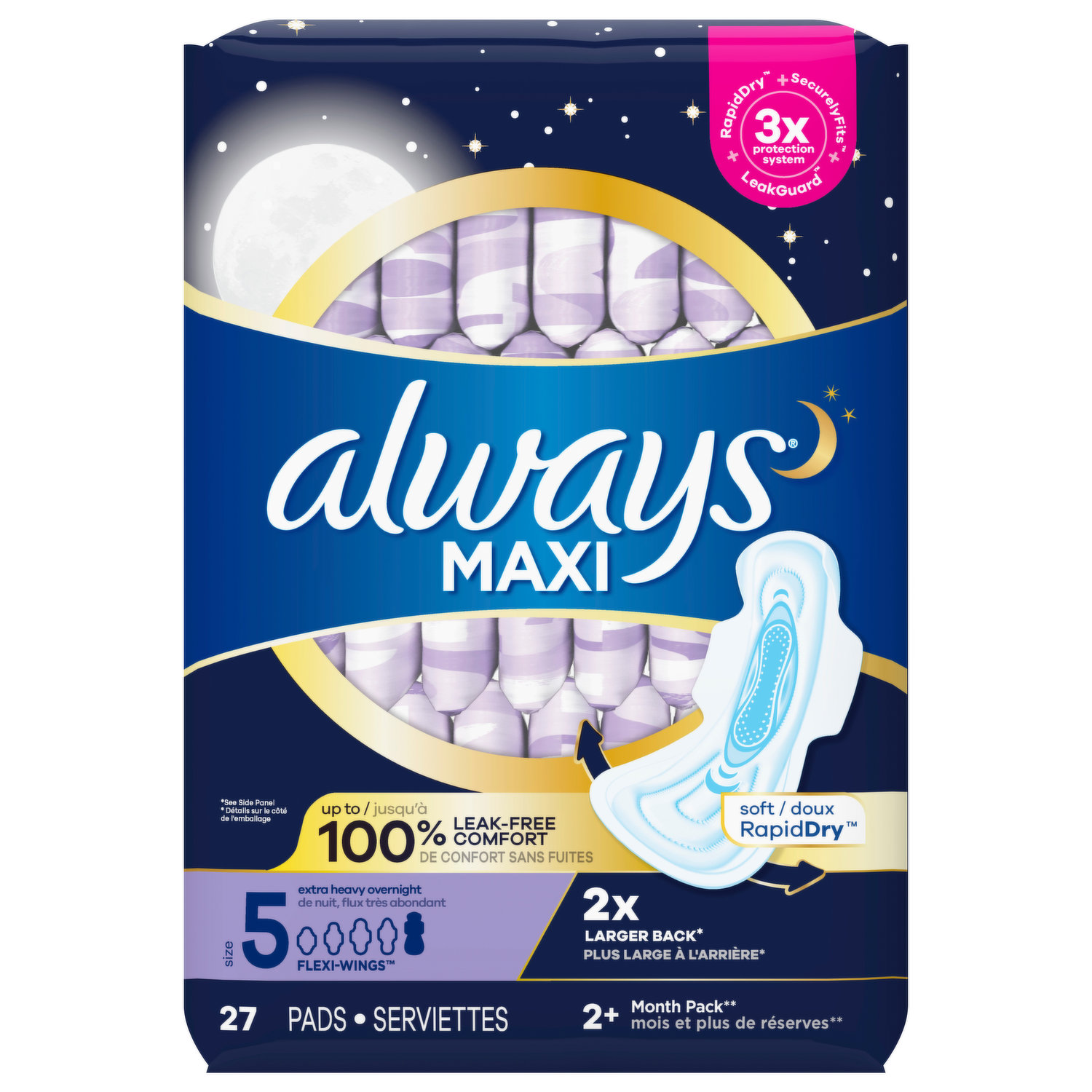 Always Maxi Size 4 Overnight Pads with Wings, Unscented, 26 Count (Pack of  2) : : Health & Personal Care