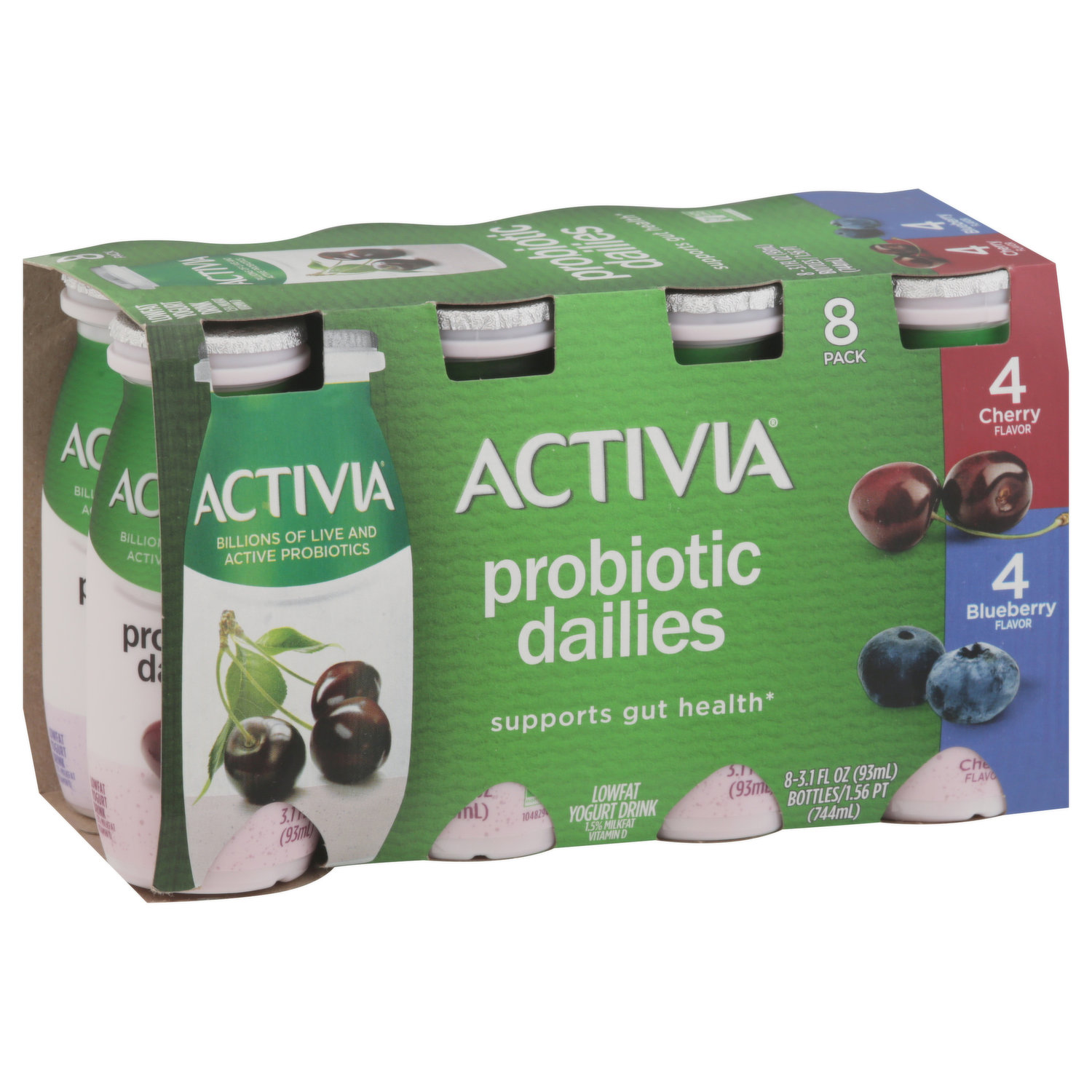 Activia Yogurt Drink, Lowfat, Cherry & Blueberry, Probiotic Dailies, 8 Pack