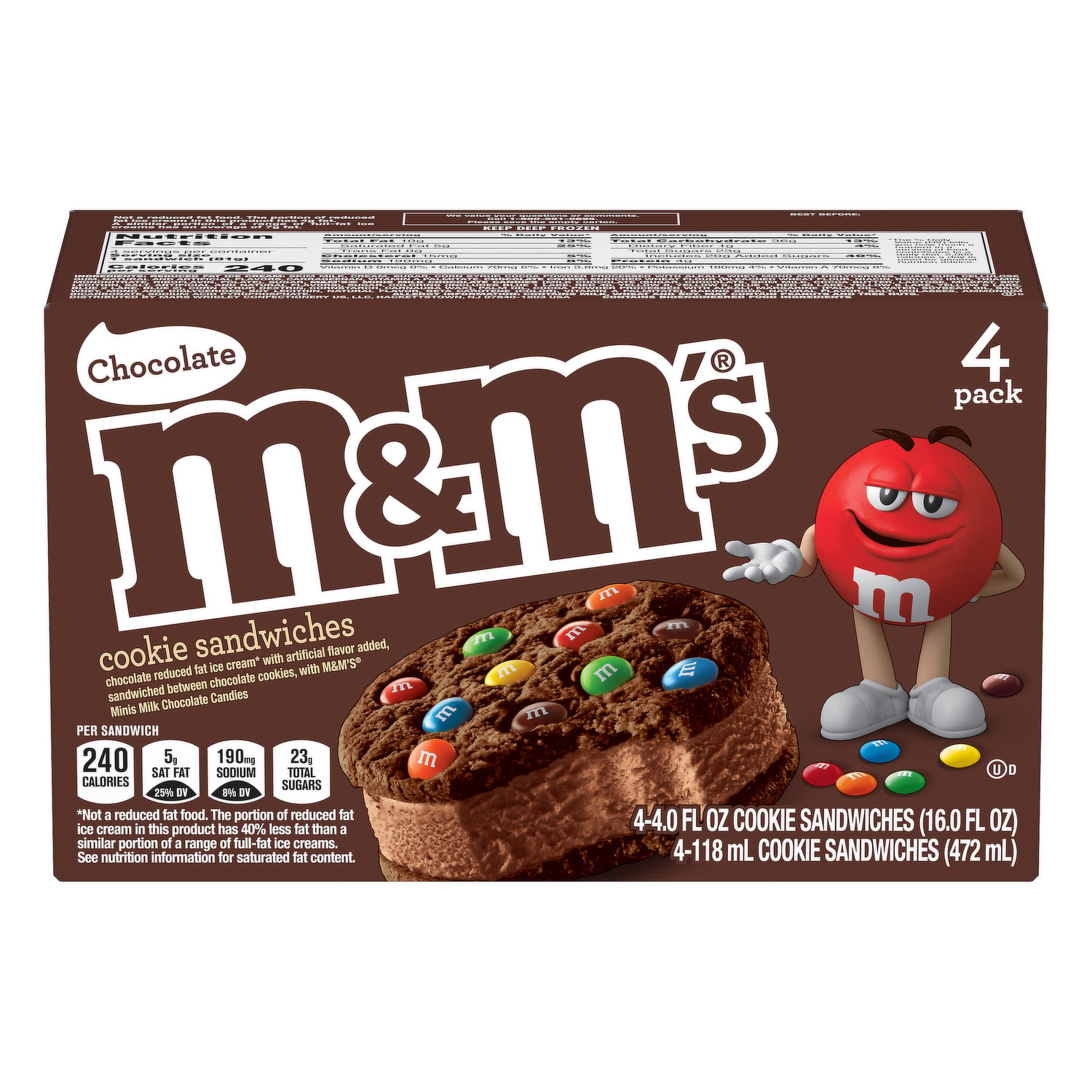 M&M'S Chocolate Ice Cream Cookie Sandwiches, 4 Ct Box, Frozen Foods