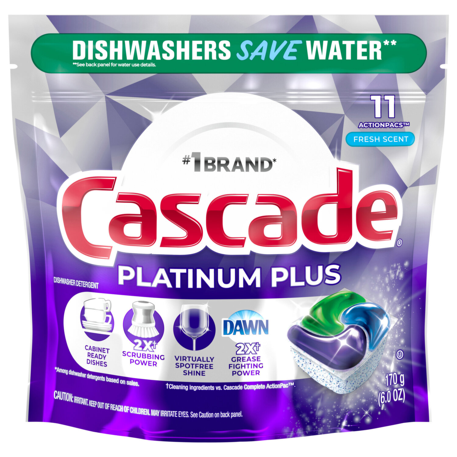 Cascade Dishwasher Detergent, Fresh Scent, Action Pacs - 20 actionpacs, 10.8 oz