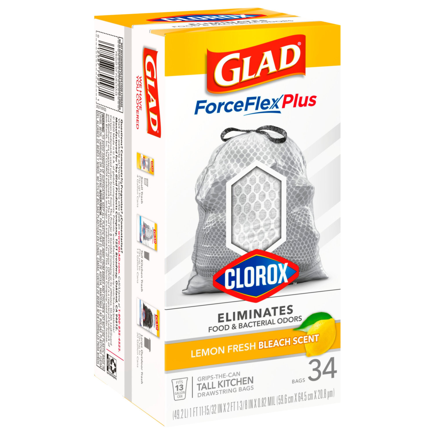 Glad Clorox Drawstring Bags, Medium, Lemon Fresh Bleach Scent, 8 Gallon - 26 bags