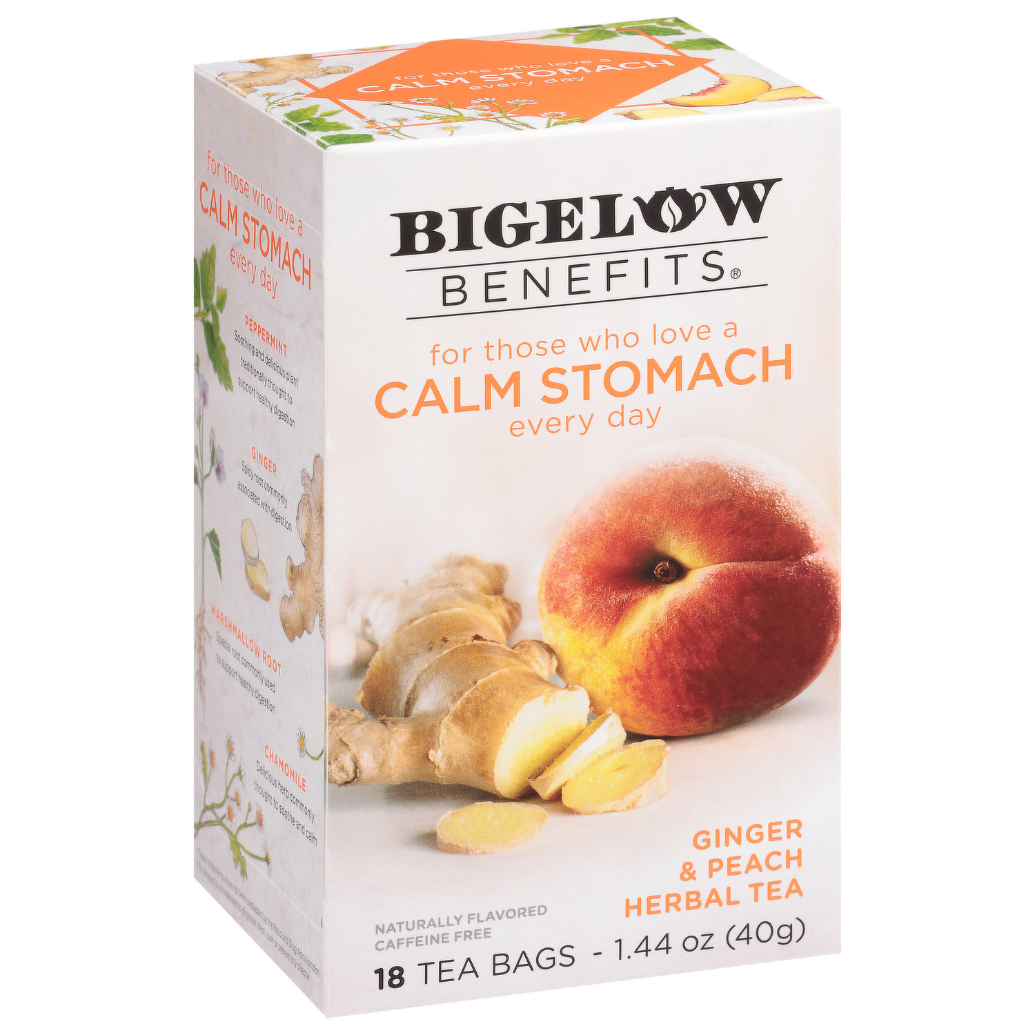 Bigelow Herbal Tea, Caffeine Free, Calm Stomach, Ginger & Peach, Tea Bags