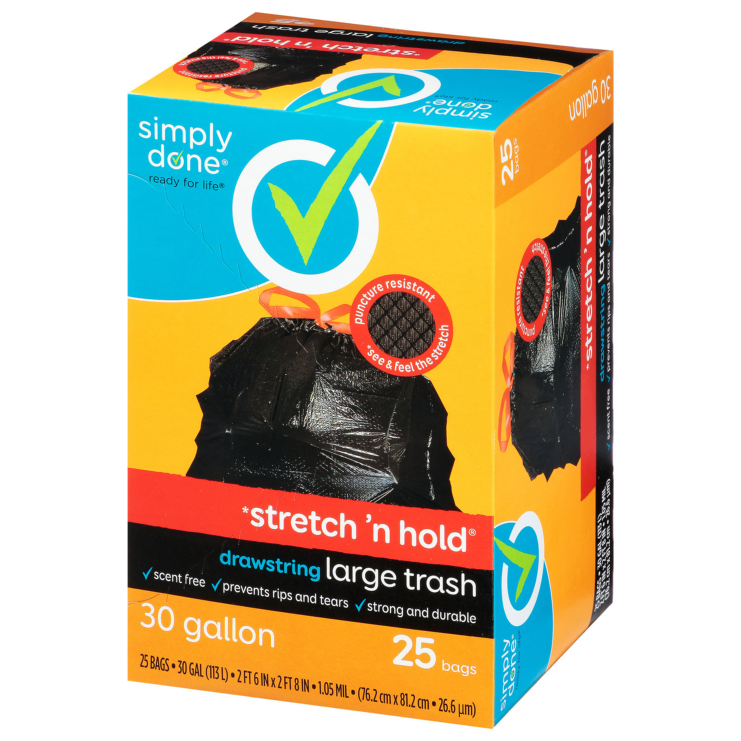 Simply Done Trash Bags, Drawstring, Large, 30 Gallon