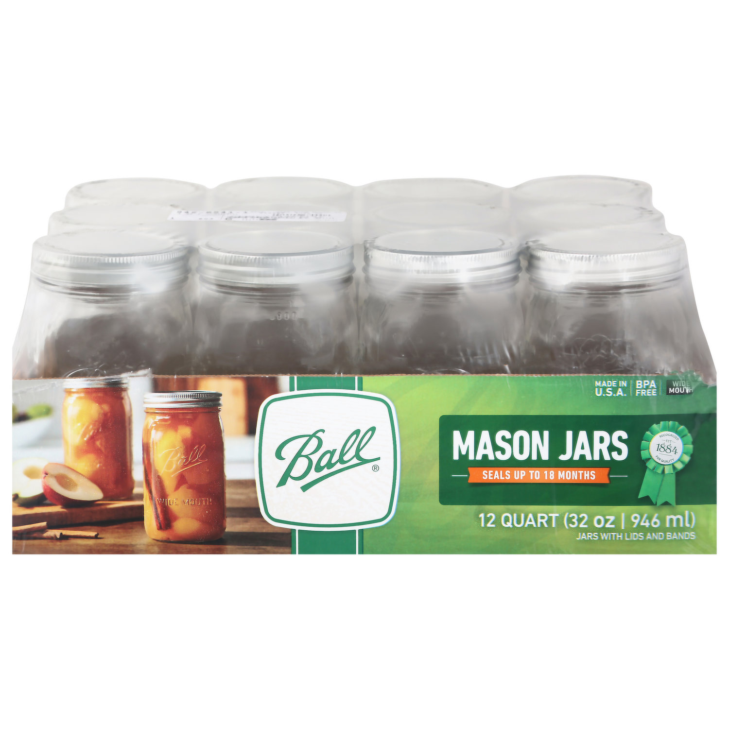 Ball Glass Mason Jar with Lid & Band, Wide Mouth, 32 oz, Single Jar 