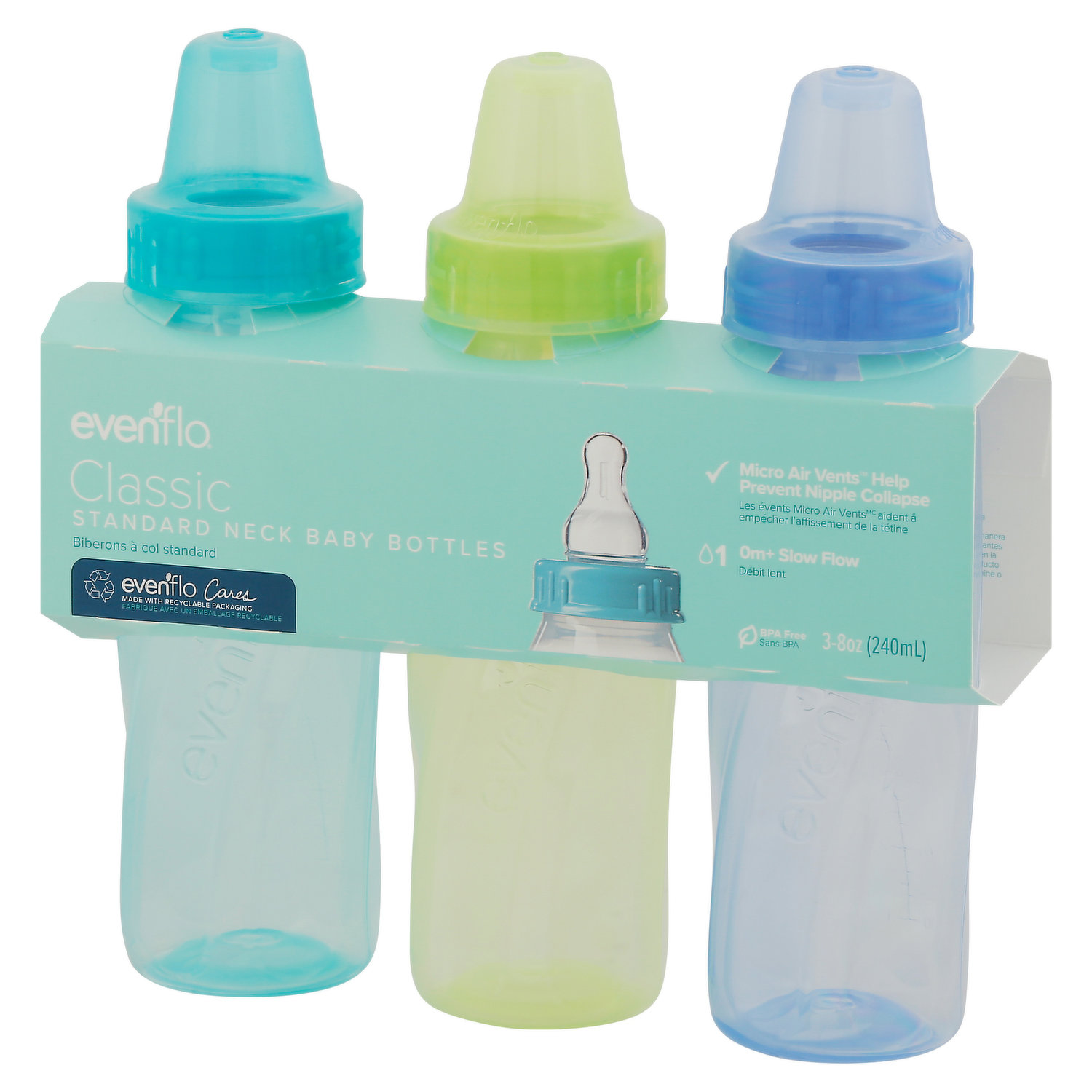 Evenflo Feeding Classic Tinted Plastic Standard Neck Bottles for Baby, Infant and Newborn, Pink/Lavender/Teal, 8 Ounce (Pack of 12)