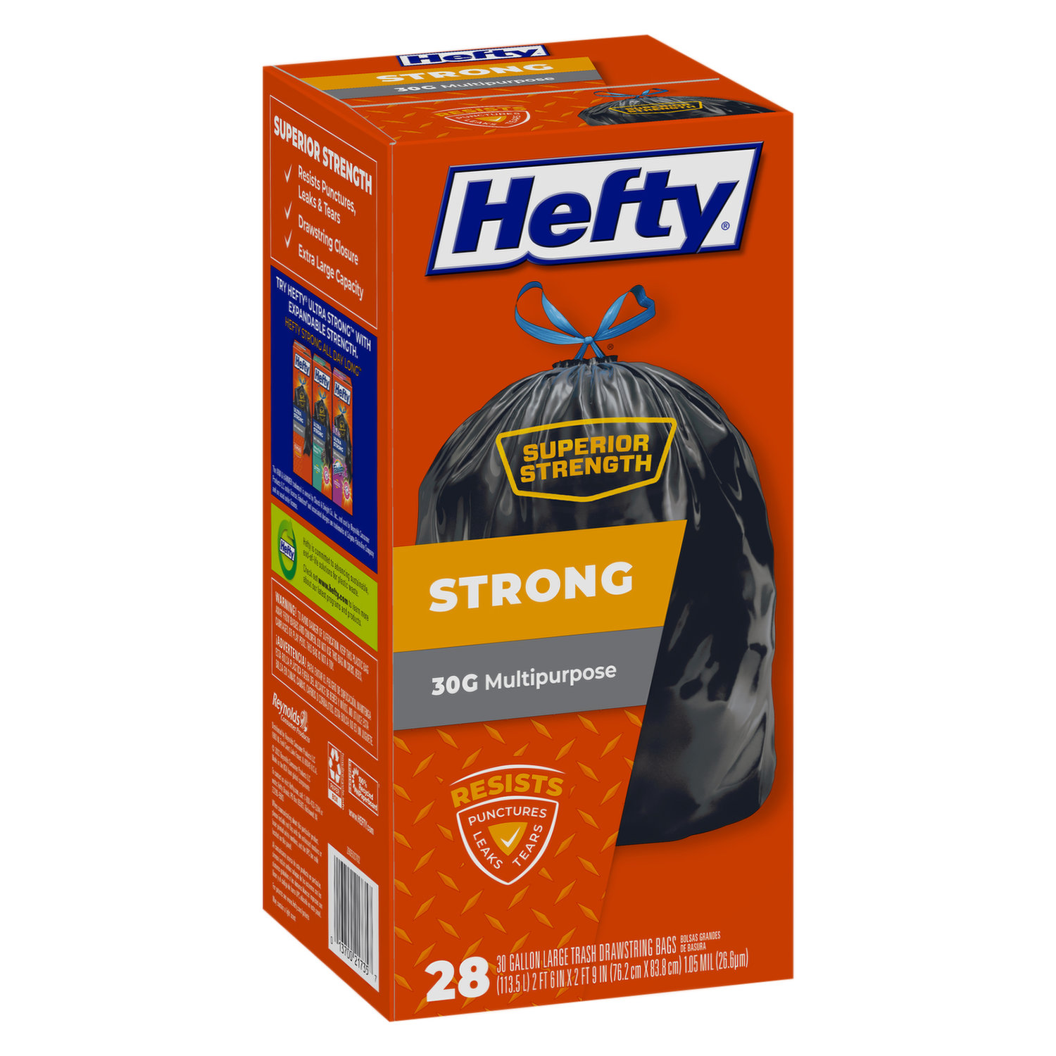 Hefty Expandable Strength Large Drawstring Trash Bags, Black, 30 gal - 25 count