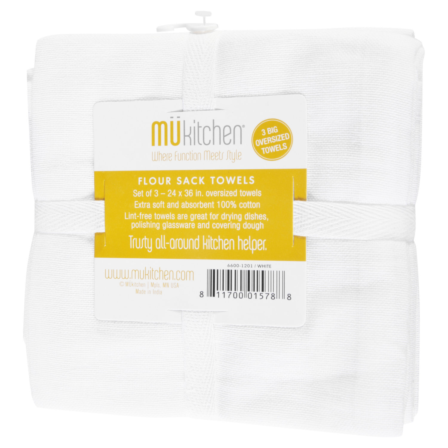 Mukitchen Sack Towels, Flour, White - 3 towels