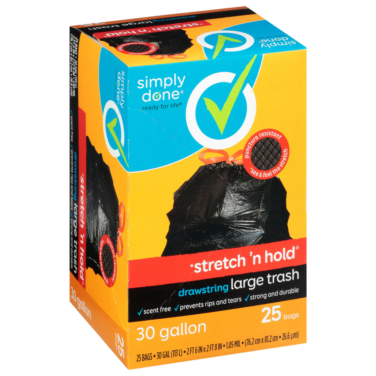 Simply Done Trash Bags, Drawstring, Large, 30 Gallon