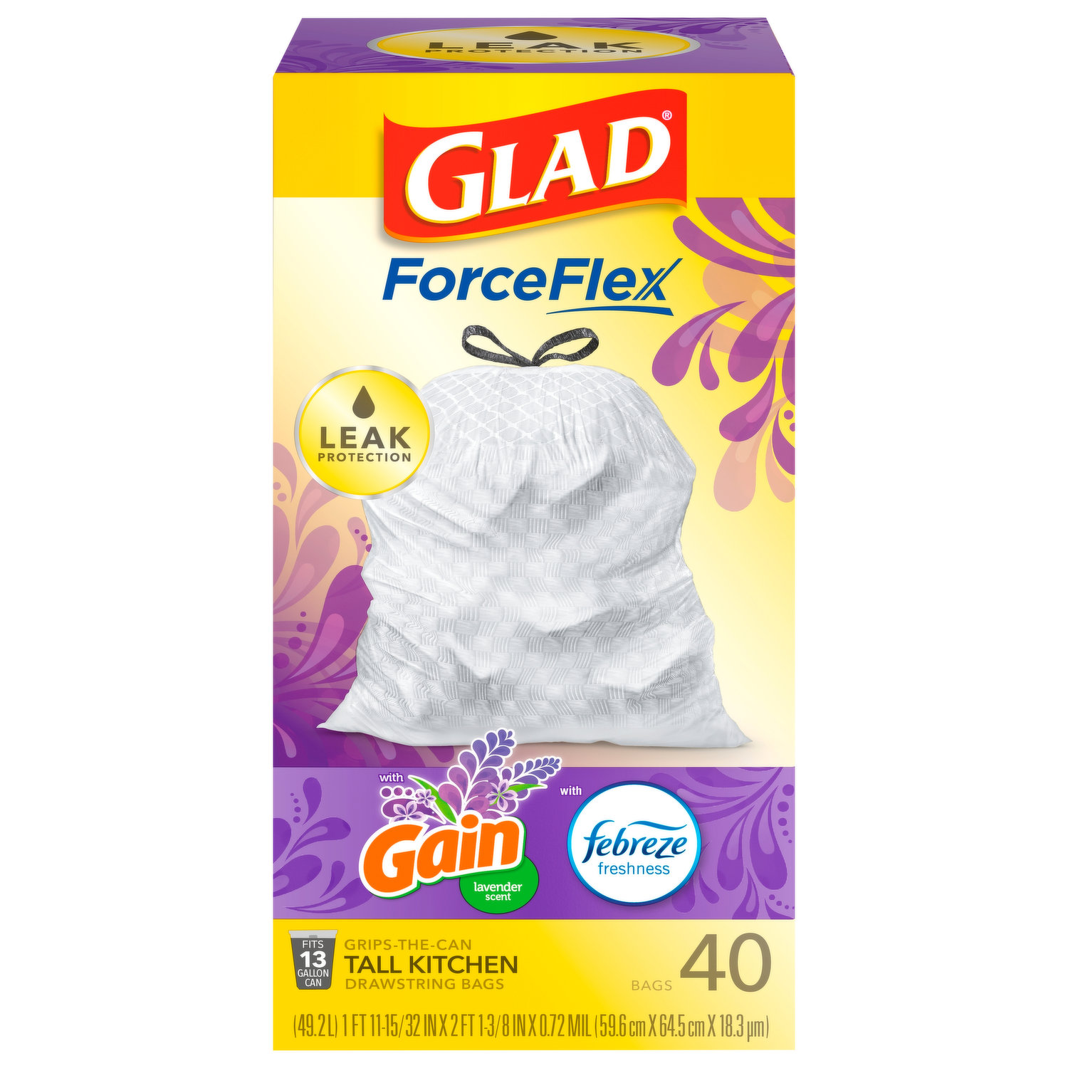 Glad ForceFlex Plus Tall Kitchen Bags, Drawstring, Lemon Fresh Bleach Scent - 34 bags