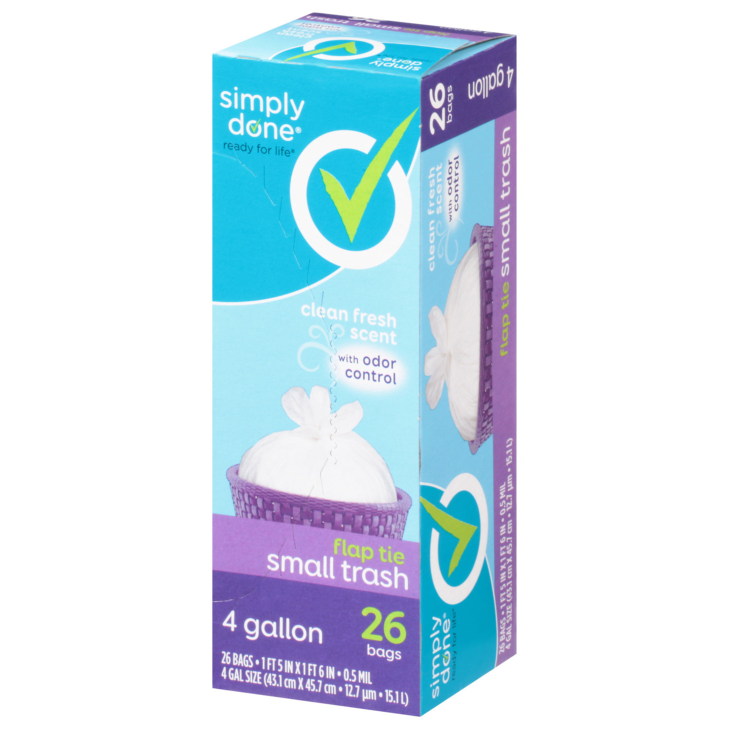 Simply Done Trash Bag, Flap Tie, Small, Clean Fresh Scent, 4 Gallon