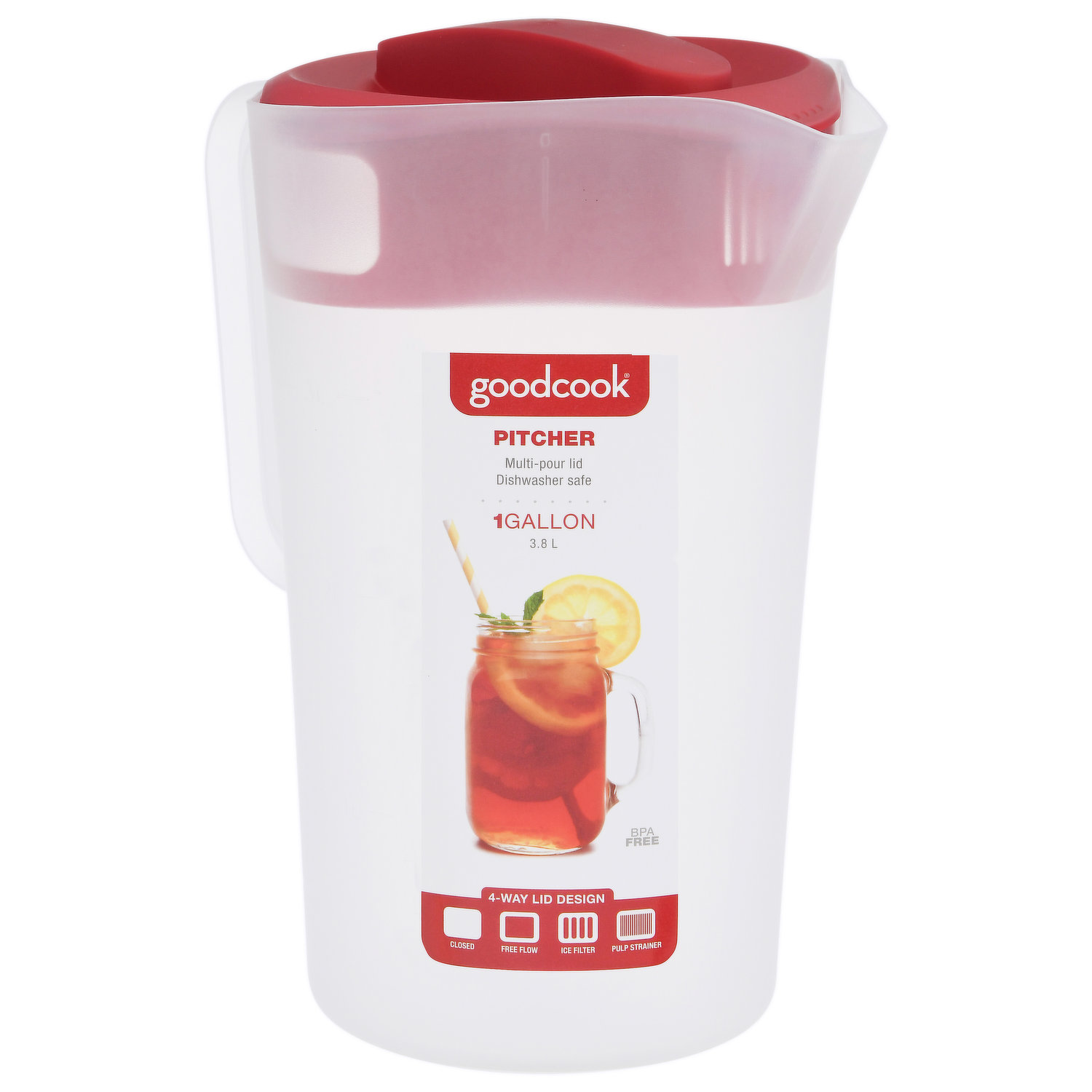 Rubbermaid, 1 Gallon, 1 Pack, Red, Plastic Simply Pour Pitcher