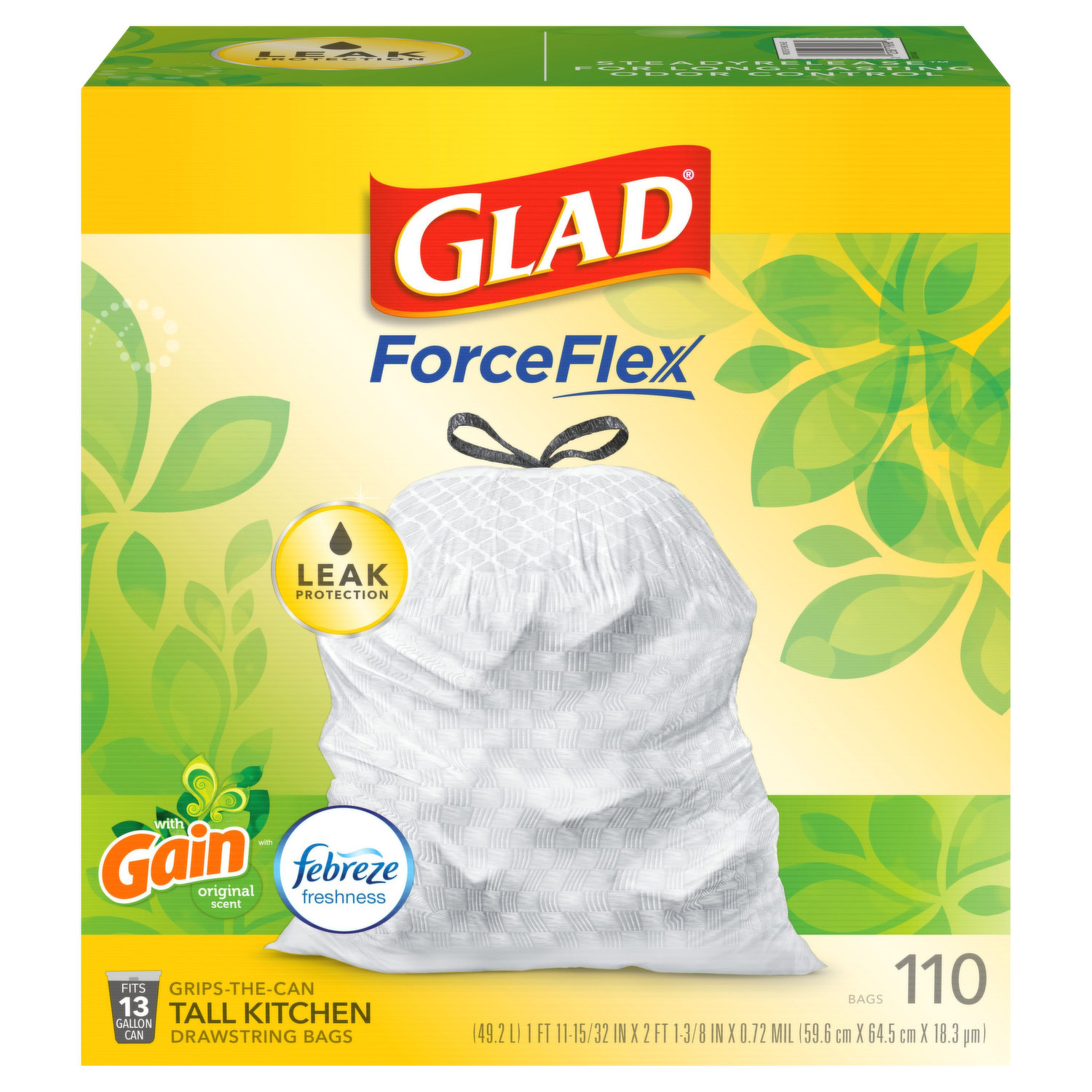 Glad ForceFlex Plus Kitchen Bags, Tall, Drawstring, Gain Original Scent, 13 Gallon - 34 bags