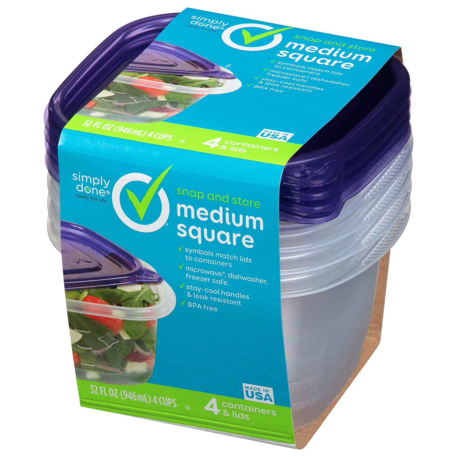 Simply Done Containers & Lids, Medium Square, 32 Ounces