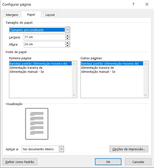 Janela de configuração word