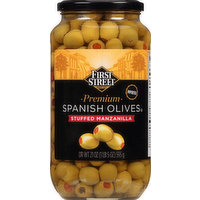 First Street Spanish Olives, Stuffed Manzanilla, Premium, 21 Ounce