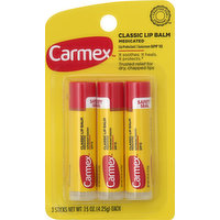 CARMEX Lip Balm, Classic, Medicated, SPF 15, 3 Each