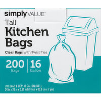 Simply Value Tall Kitchen Bags, Twist Ties, 16 Gallon, 200 Each