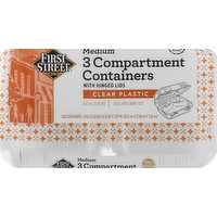 First Street Containers with Hinged Lids, 3 Compartment, Clear Plastic, Medium, 100 Each