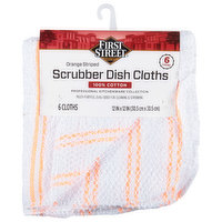 First Street Dish Cloths, Scrubber, Orange Striped, 6 Each