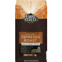 First Street Coffee, Whole Bean, Espresso Roast, Dark & Crisp, 32 Ounce
