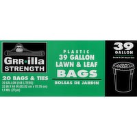 Grrilla Strength Lawn & Leaf Bags, Plastic, Bags & Ties, 39 Gallon, 20 Each