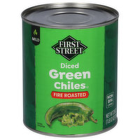 First Street Green Chiles, Fire Roasted, Diced, Mild, 28 Ounce