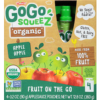 GoGo Squeez Apple Sauce, Organic, Fruit On The Go, Apple Apple, 4 Pack, 4 Each