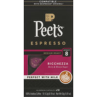 Peet's Coffee, Espresso, Medium Roast, Ricchezza, Aluminum Capsules, 10 Each