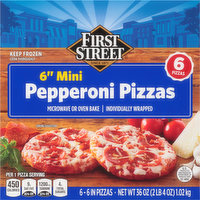 First Street Pizzas, Pepperoni, Mini, 6 Inch, 6 Each