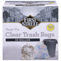 First Street Clear Trash Bags, Twist Tie, 33 Gallon, 100 Each