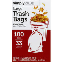 Simply Value Trash Bags, Twist Ties, Large, 33 Gallon, 100 Each