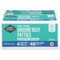 First Street Ground Beef Patties, 100% Pure, 75%/25%, 160 Ounce