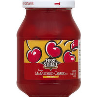 First Street Cherries, Maraschino, with Stems, Large, 16 Ounce