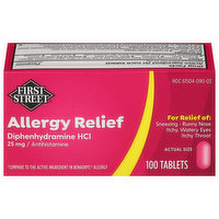 First Street Allergy Relief, Diphenhydramine HCI, 25 mg/Antihistamine, Tablets, 100 Each