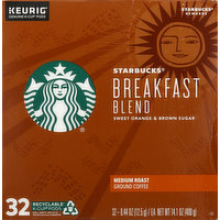 Starbucks Coffee, Ground, Medium Roast, Breakfast Blend, K-Cup Pods, 32 Each