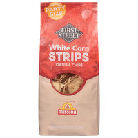 First Street Tortilla Chips, White Corn, Strips, Party Size, 40 Ounce