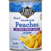 First Street Peaches, Yellow Cling, in 100% Fruit Juice, Less Calories, Sliced, 15 Ounce