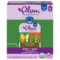 Plum Organics Stage 2 Organic Baby Food Pear + Pea with Spinach 4oz Pouch-4-Pack, 4 Each