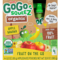 GoGo Squeez Applesauce, Organic, Apple Banana, Fruit On The Go, 4 Pack, 12.8 Ounce