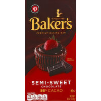 Baker's Baking Bar, Semi-Sweet Chocolate, 56% Cacao, 4 Ounce