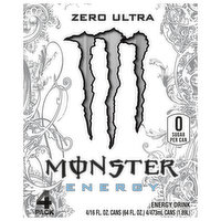 Monster Energy Drink, Zero Sugar, Zero Ultra, 4 Pack, 64 Ounce