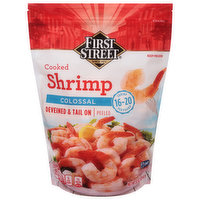 First Street Shrimp, Colossal, Deveined & Tail On, Peeled, Cooked, 32 Ounce