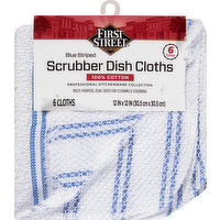 First Street Dish Cloths, Scrubber, Blue Striped, 6 Each