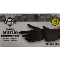 First Street Disposable Gloves, Black Nitrile, Medium, 100 Each