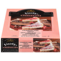 Jon Donaire Cheesecake, Strawberry Swirl Tuxedo, White Chocolate Flavored Raspberry, Triple Chocolate, Variety Pack, 12 Each