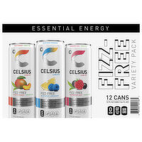 Celsius Energy Drink, Peach Mango + Green Tea/Blue Razz Lemonade/Raspberry Acai + Green Tea, Fizz Free, Variety Pack, 12 Each