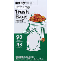 Simply Value Trash Bags, Clear, with Twist Ties, 45 Gallon, 90 Each