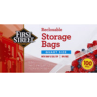 First Street Storage Bags, Reclosable, Quart Size, 100 Each